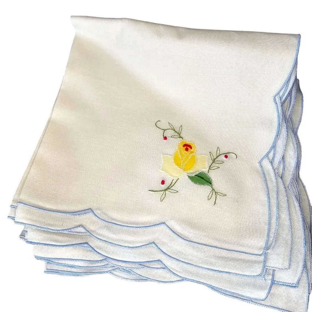 Rectangle Tablecloth Floral Blue Yellow Embroidered 12 Napkins White 63 X 100‎